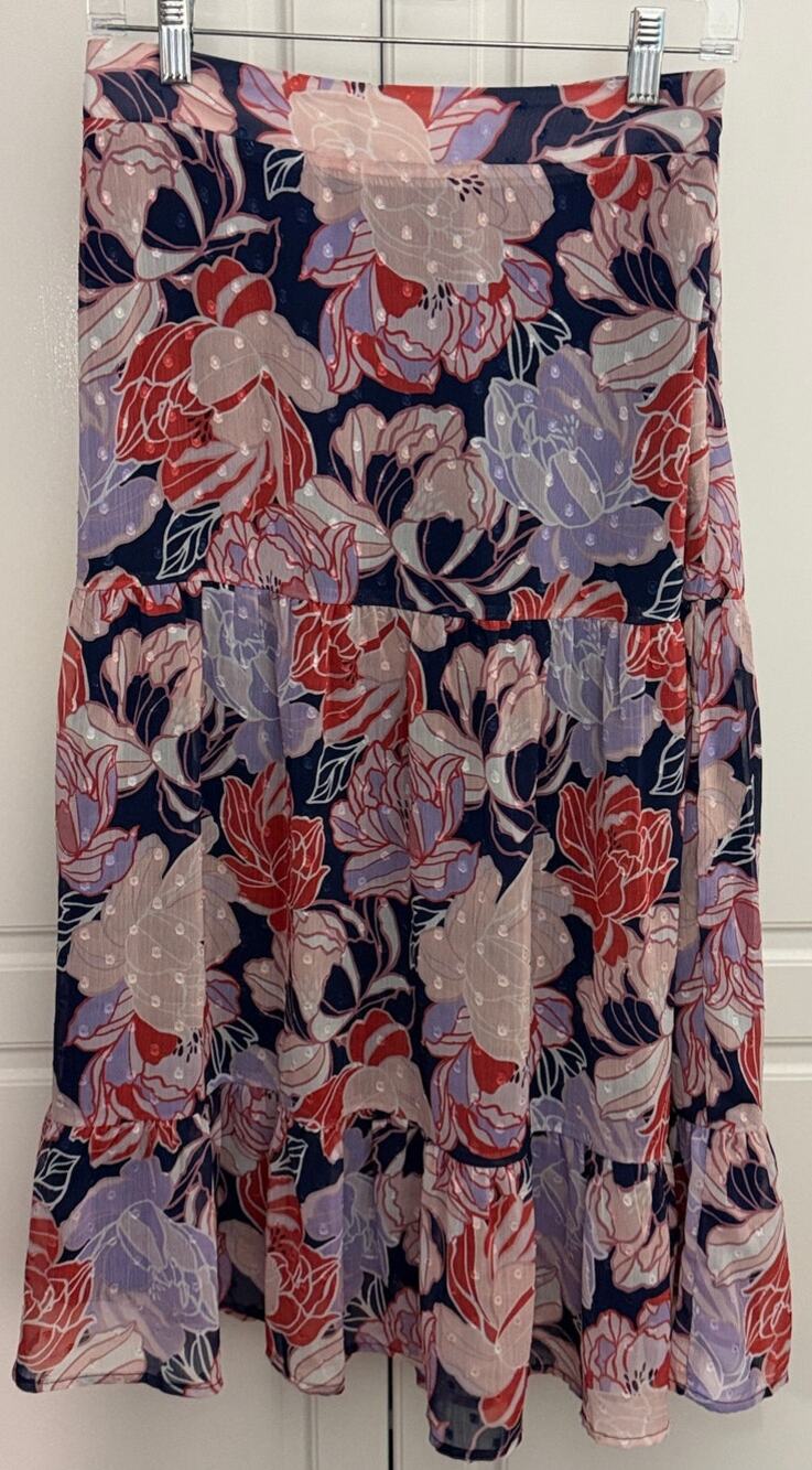 Lulus "Floating Through Flowers" Tiered Chiffon Midi Skirt Size M